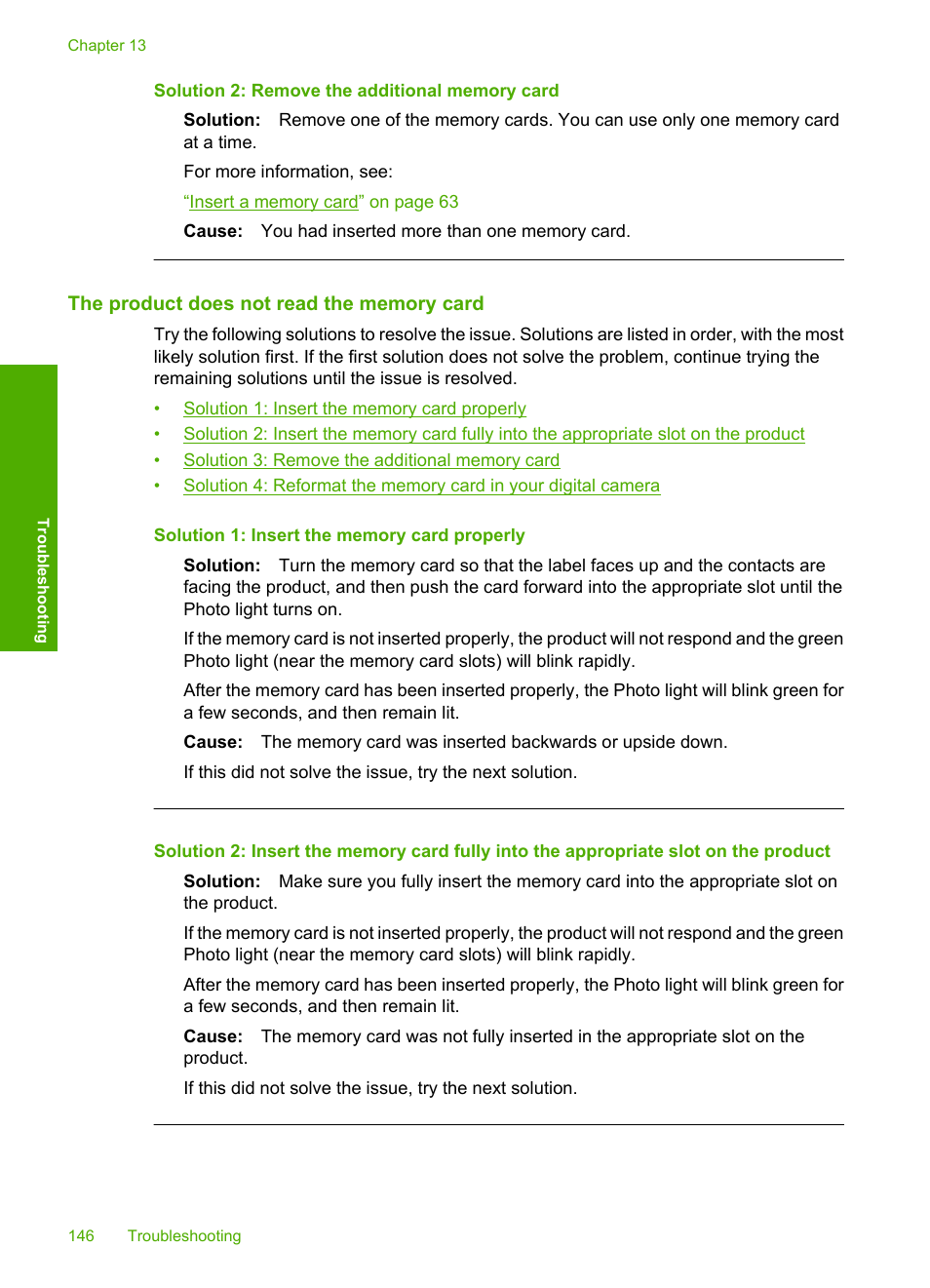 The product does not read the memory card, Solution 2: remove the additional memory card | HP Photosmart C4580 All-in-One Printer User Manual | Page 149 / 261