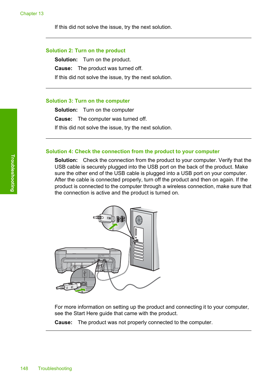 Solution 2: turn on the product, Solution 3: turn on the computer | HP Photosmart C4580 All-in-One Printer User Manual | Page 151 / 261