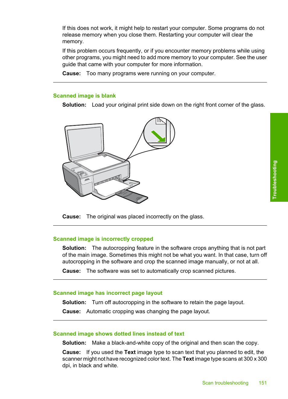 Scanned image is blank, Scanned image is incorrectly cropped, Scanned image shows dotted lines instead of text | HP Photosmart C4580 All-in-One Printer User Manual | Page 154 / 261