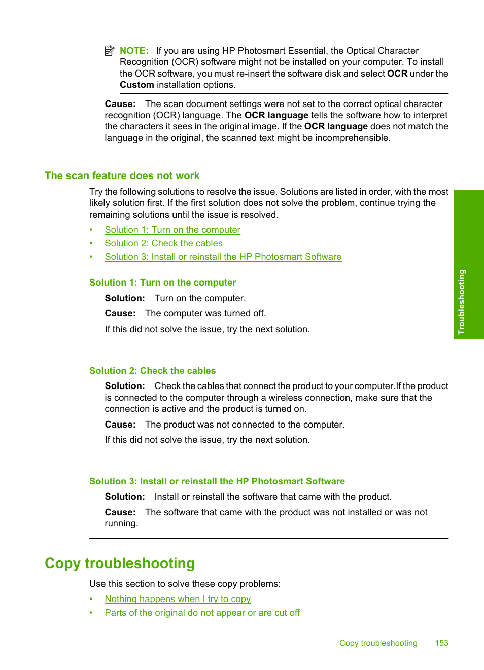 The scan feature does not work, Copy troubleshooting | HP Photosmart C4580 All-in-One Printer User Manual | Page 156 / 261