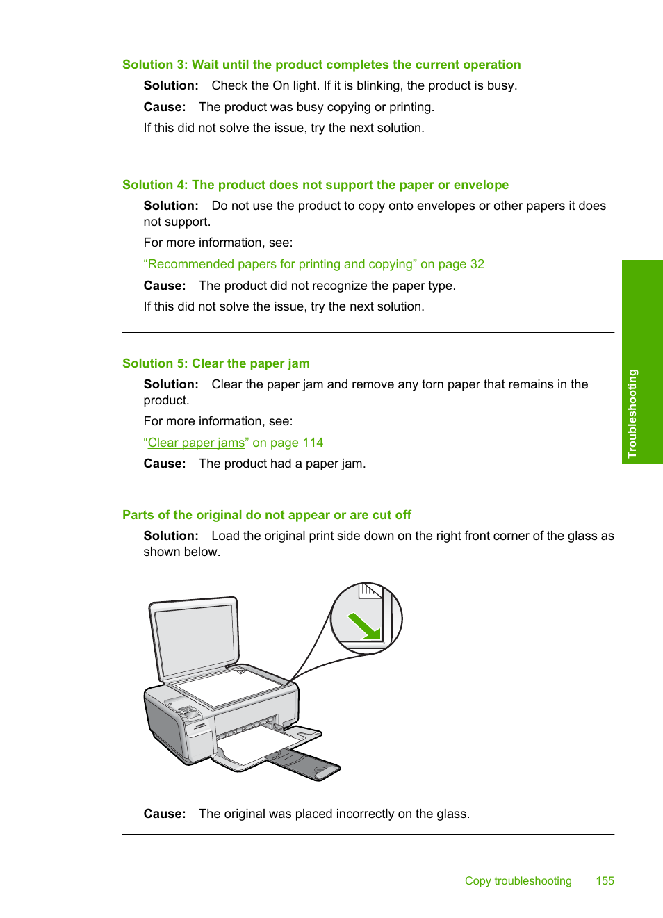 Parts of the original do not appear or are cut off, Solution 5: clear the paper jam | HP Photosmart C4580 All-in-One Printer User Manual | Page 158 / 261