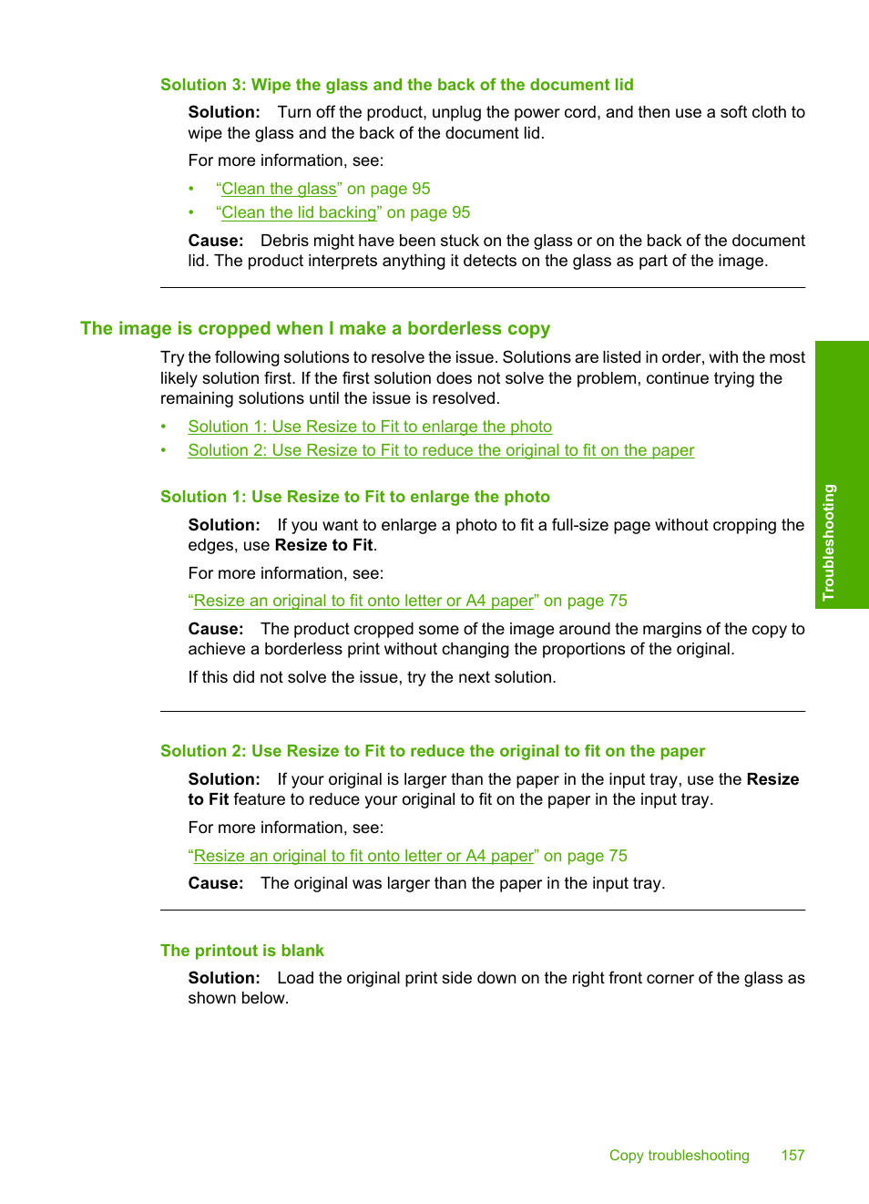 The image is cropped when i make a borderless copy, The printout is blank | HP Photosmart C4580 All-in-One Printer User Manual | Page 160 / 261