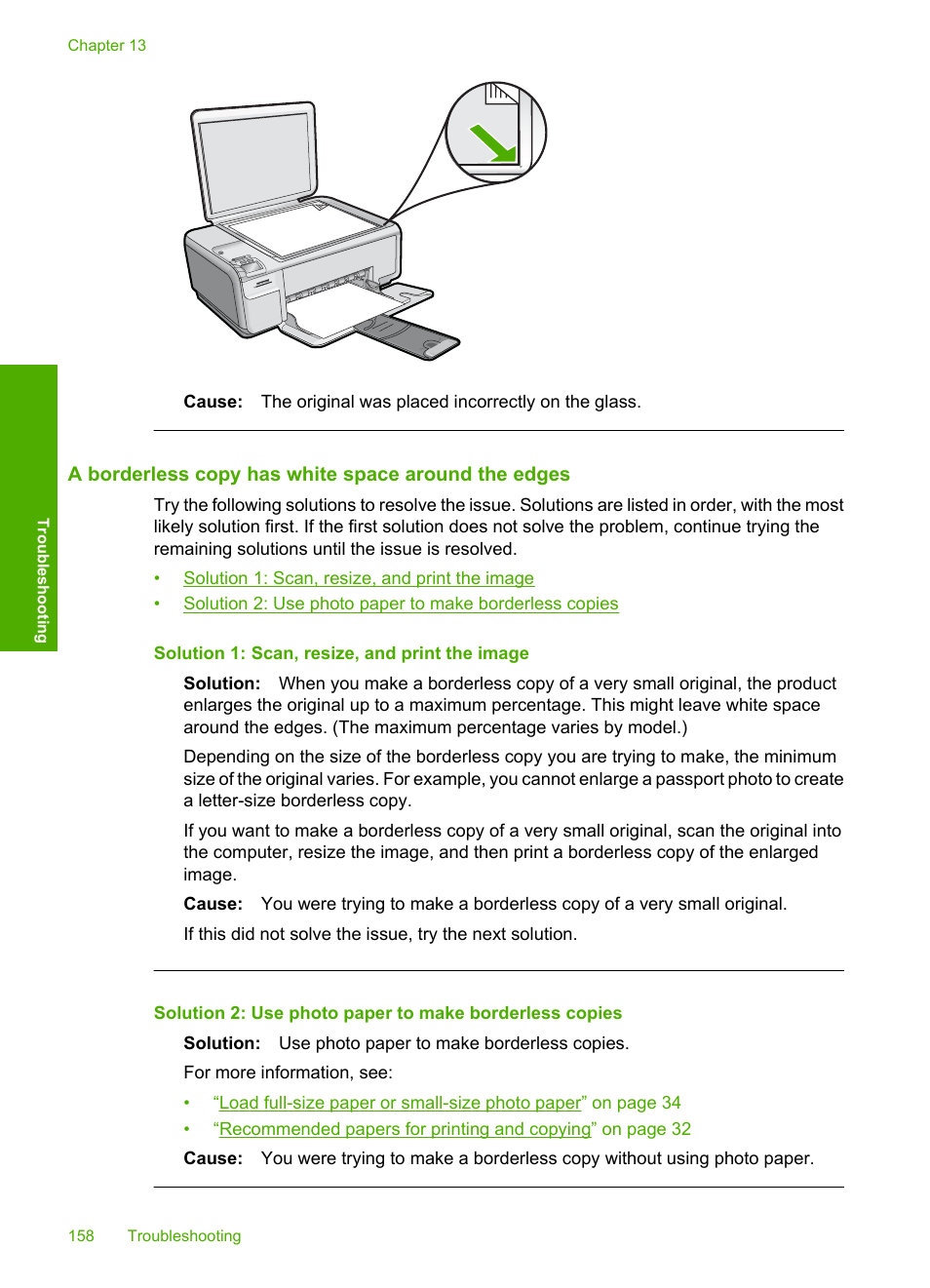 A borderless copy has white space around the edges | HP Photosmart C4580 All-in-One Printer User Manual | Page 161 / 261