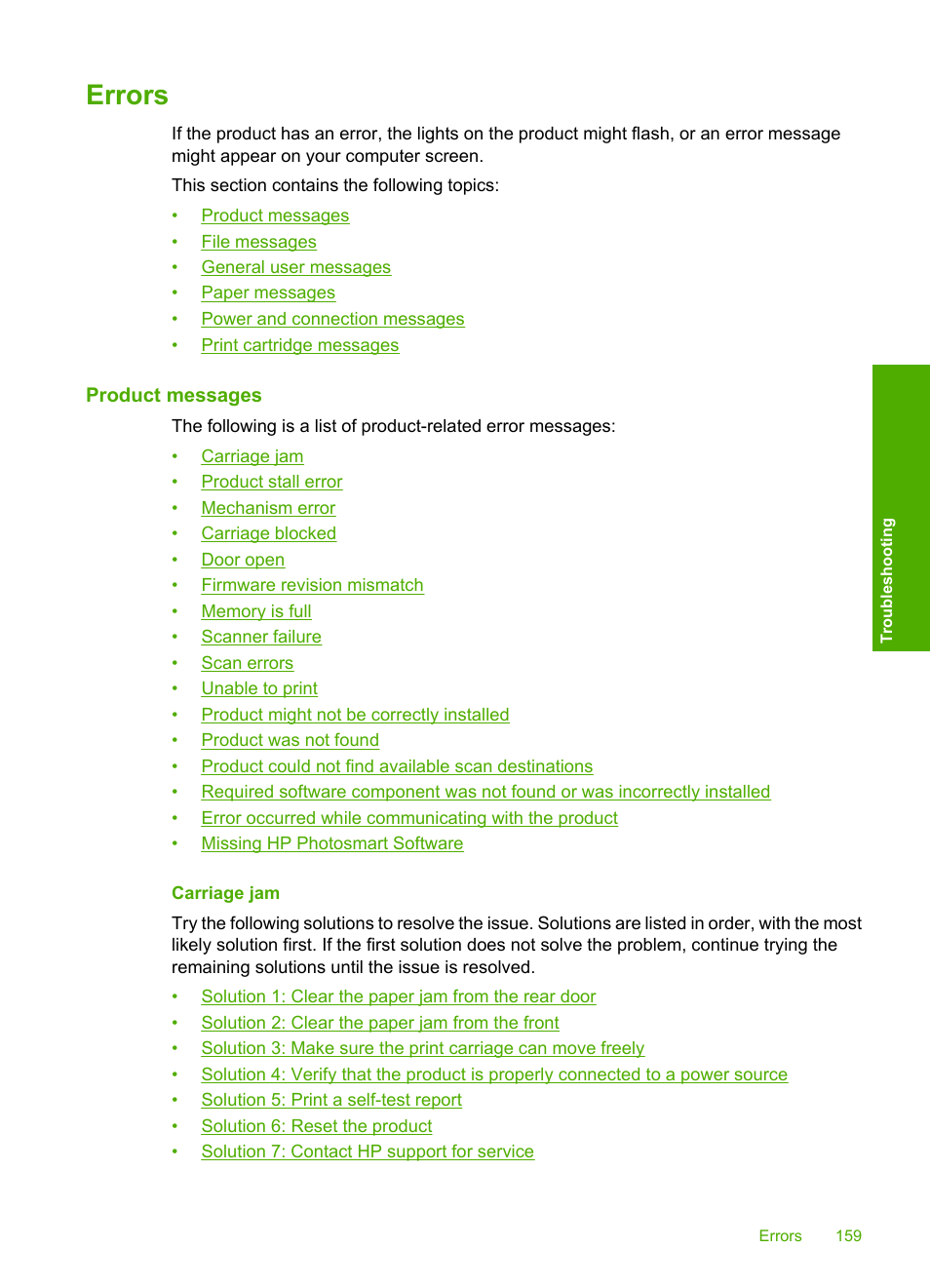 Errors, Product messages, Carriage jam | HP Photosmart C4580 All-in-One Printer User Manual | Page 162 / 261