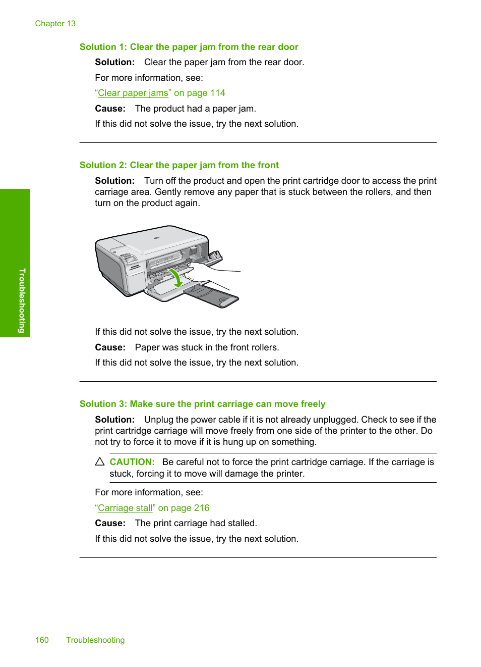 Solution 1: clear the paper jam from the rear door, Solution 2: clear the paper jam from the front | HP Photosmart C4580 All-in-One Printer User Manual | Page 163 / 261