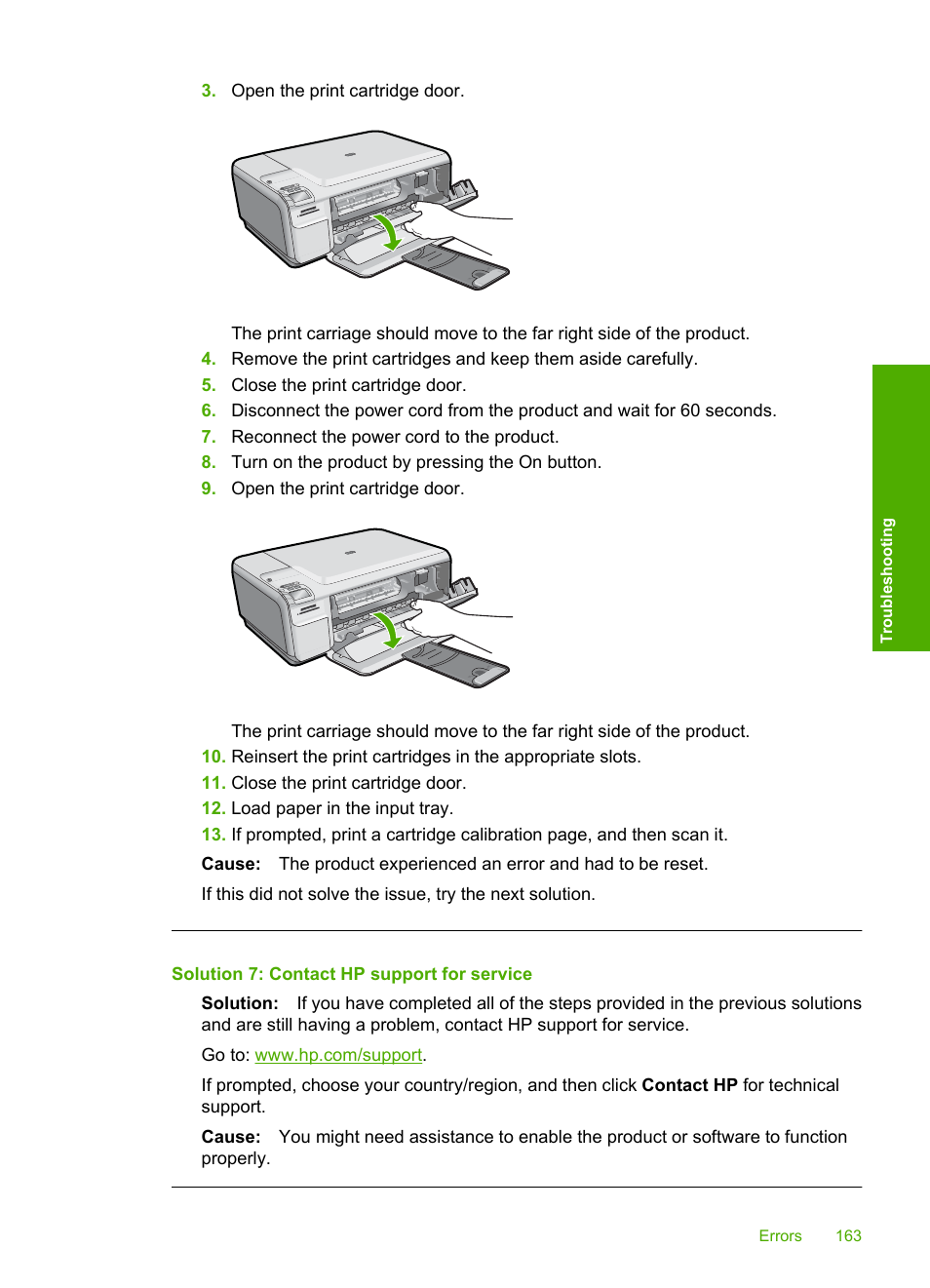 Solution 7: contact hp support for service | HP Photosmart C4580 All-in-One Printer User Manual | Page 166 / 261