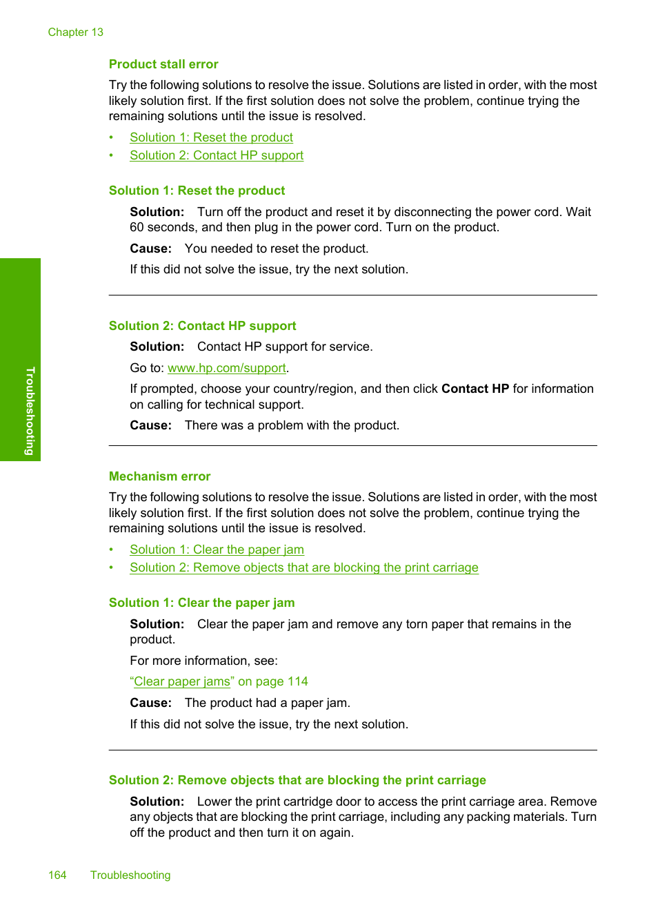 Product stall error, Mechanism error | HP Photosmart C4580 All-in-One Printer User Manual | Page 167 / 261