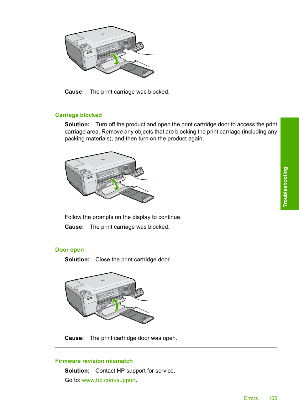 Carriage blocked, Door open, Firmware revision mismatch | HP Photosmart C4580 All-in-One Printer User Manual | Page 168 / 261