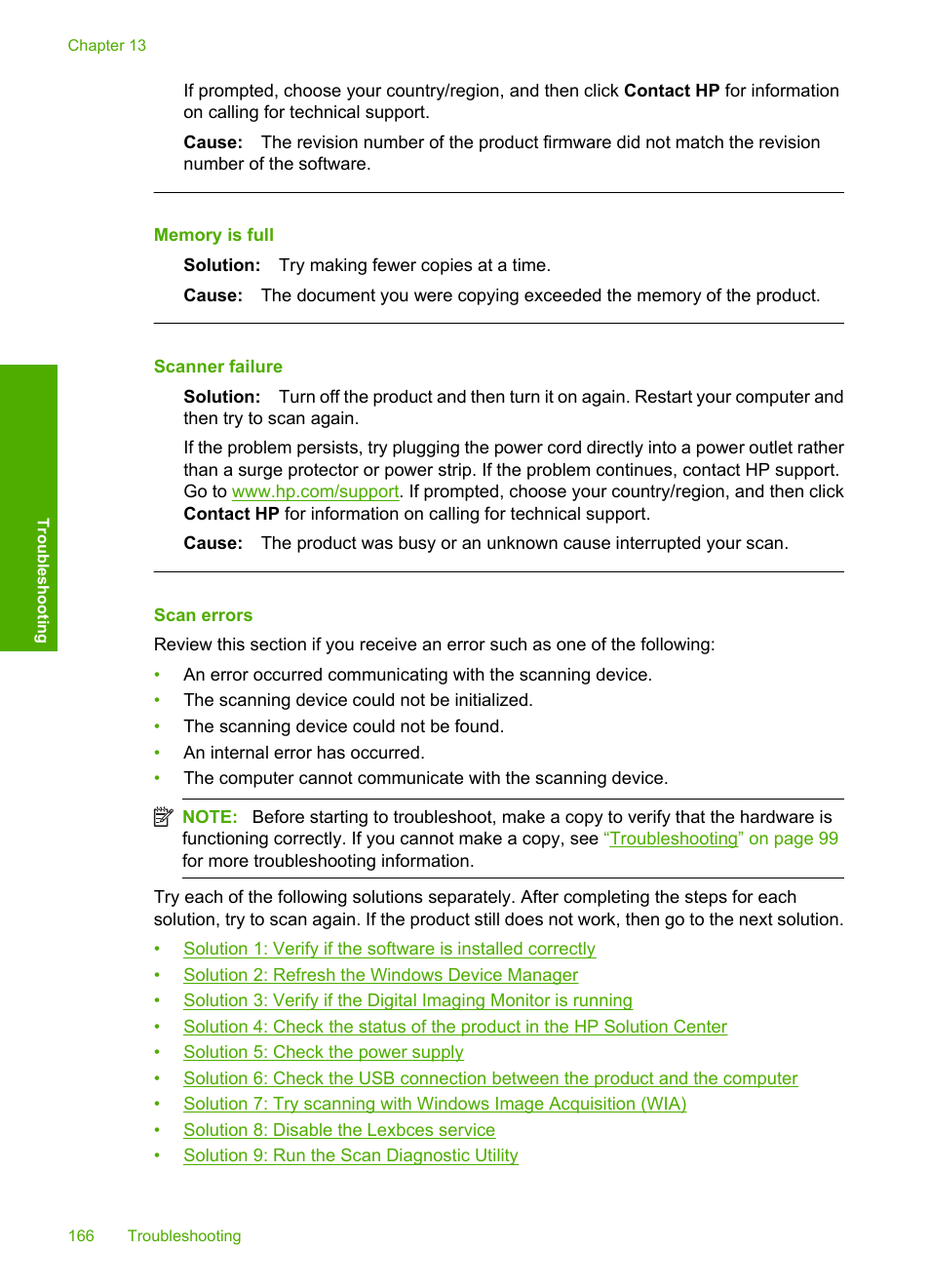 Scan errors, Memory is full, Scanner failure | HP Photosmart C4580 All-in-One Printer User Manual | Page 169 / 261