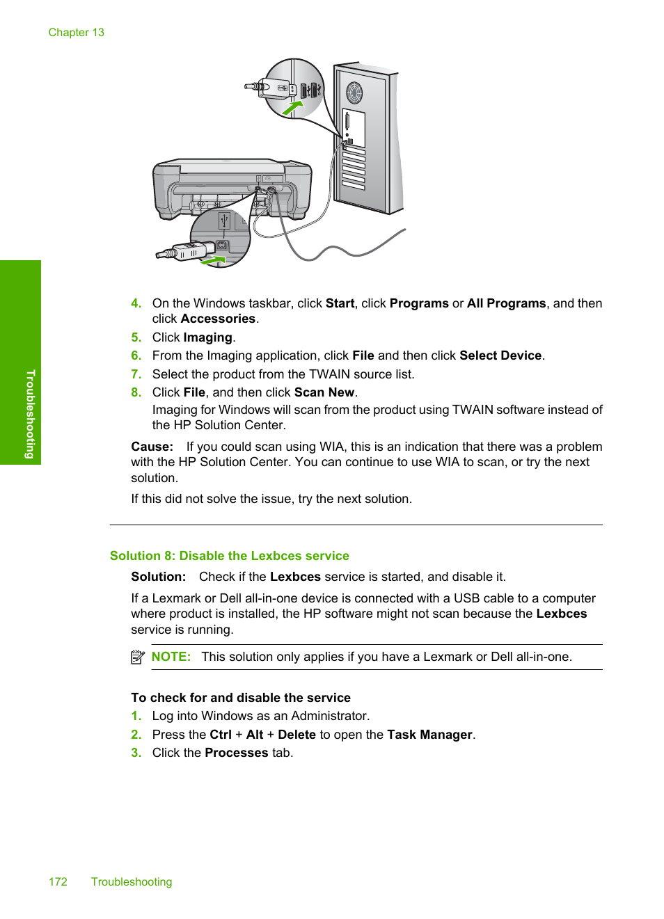 Solution 8: disable the lexbces service | HP Photosmart C4580 All-in-One Printer User Manual | Page 175 / 261