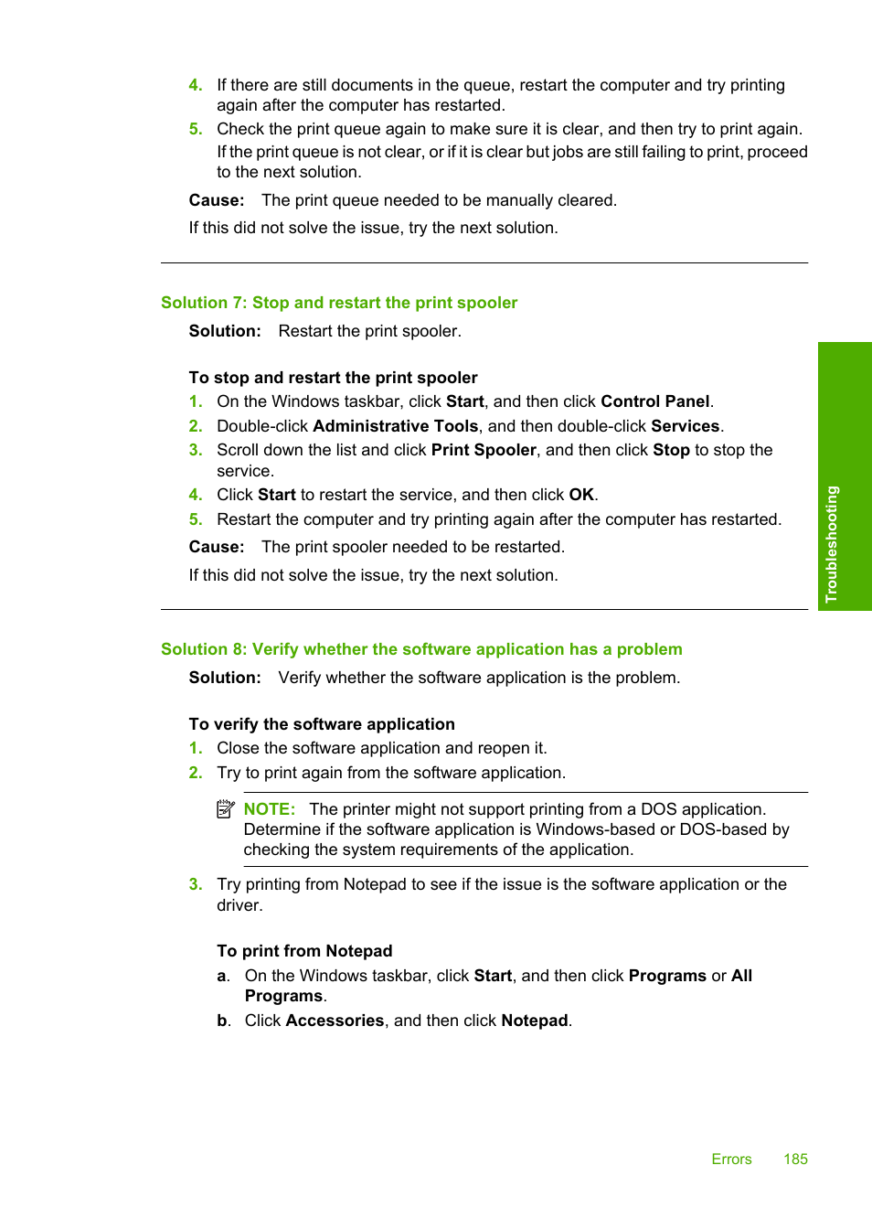 Solution 7: stop and restart the print spooler | HP Photosmart C4580 All-in-One Printer User Manual | Page 188 / 261