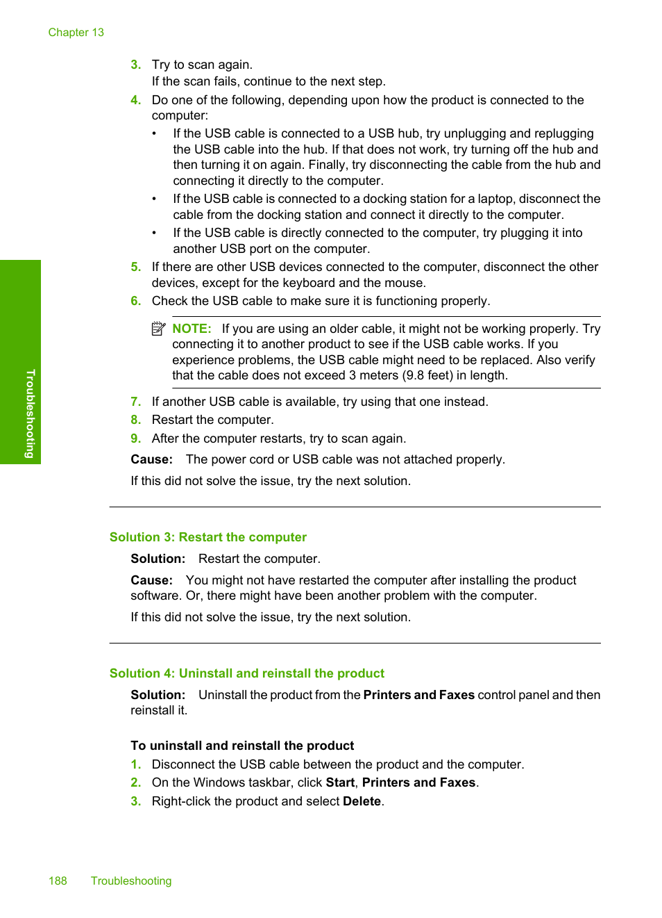 Solution 3: restart the computer, Solution 4: uninstall and reinstall the product | HP Photosmart C4580 All-in-One Printer User Manual | Page 191 / 261