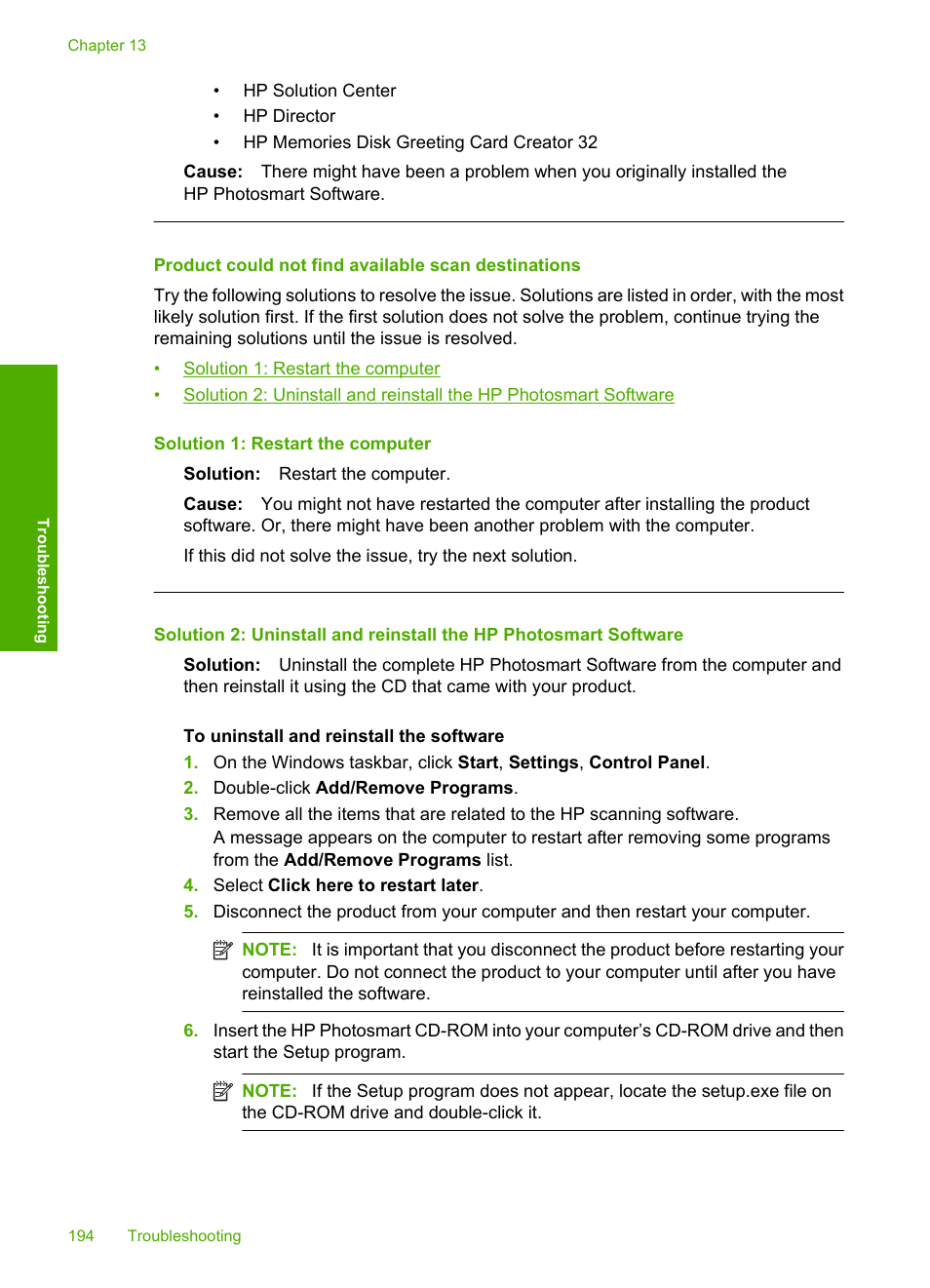 Product could not find available scan destinations | HP Photosmart C4580 All-in-One Printer User Manual | Page 197 / 261