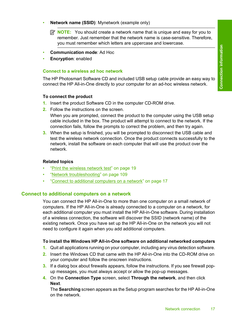 Connect to a wireless ad hoc network, Connect to additional computers on a network | HP Photosmart C4580 All-in-One Printer User Manual | Page 20 / 261