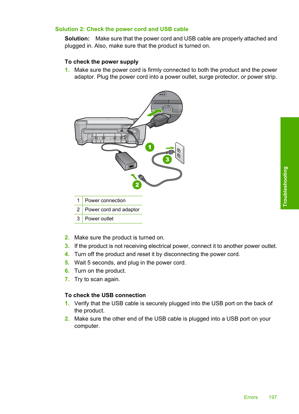 Solution 2: check the power cord and usb cable | HP Photosmart C4580 All-in-One Printer User Manual | Page 200 / 261