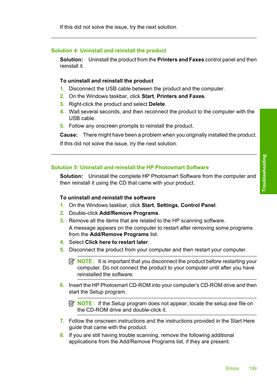 Solution 4: uninstall and reinstall the product | HP Photosmart C4580 All-in-One Printer User Manual | Page 202 / 261