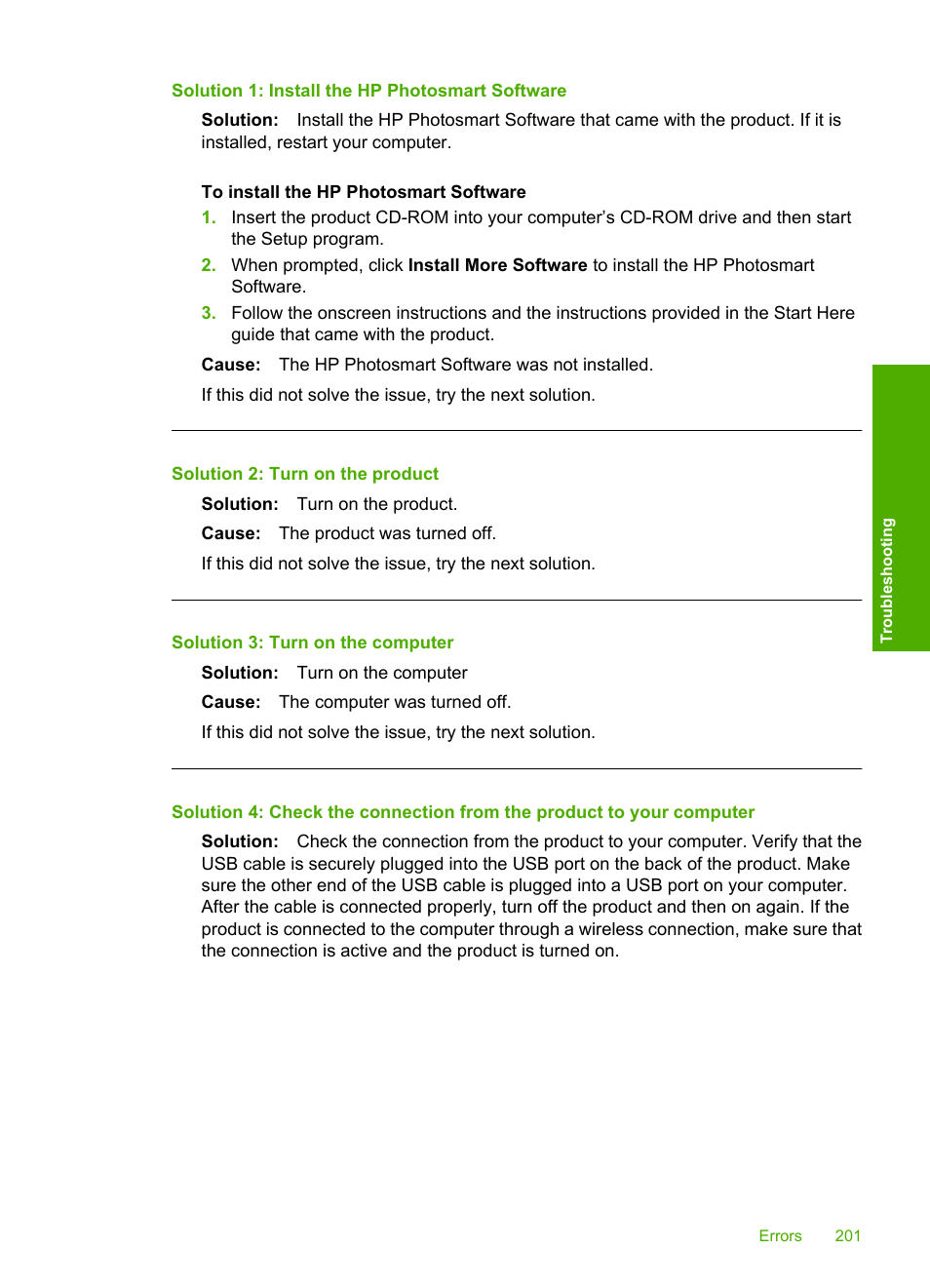 Solution 1: install the hp photosmart software, Solution 2: turn on the product, Solution 3: turn on the computer | HP Photosmart C4580 All-in-One Printer User Manual | Page 204 / 261