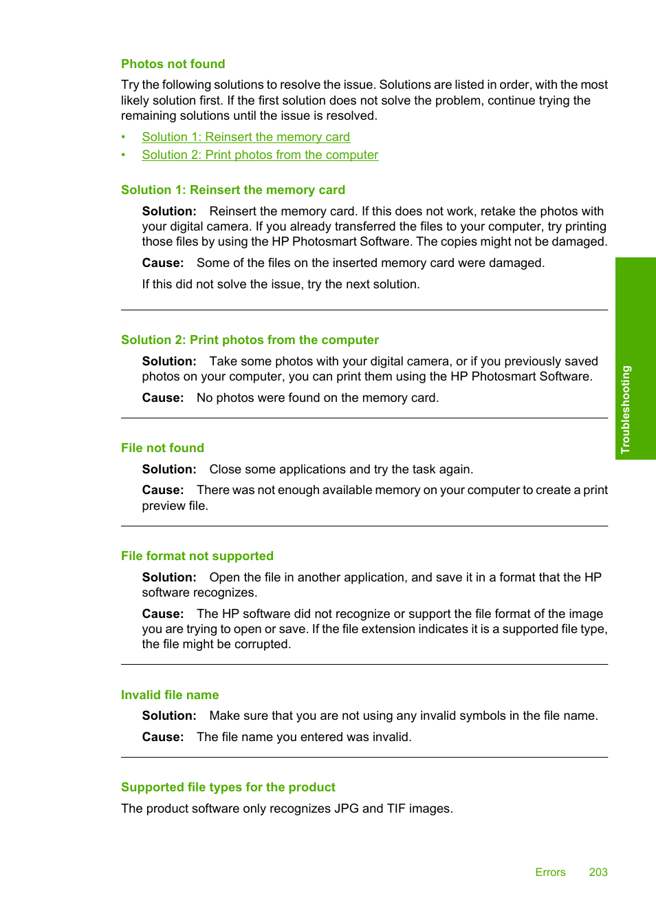 Photos not found, Supported file types for the product, File not found | File format not supported, Invalid file name | HP Photosmart C4580 All-in-One Printer User Manual | Page 206 / 261