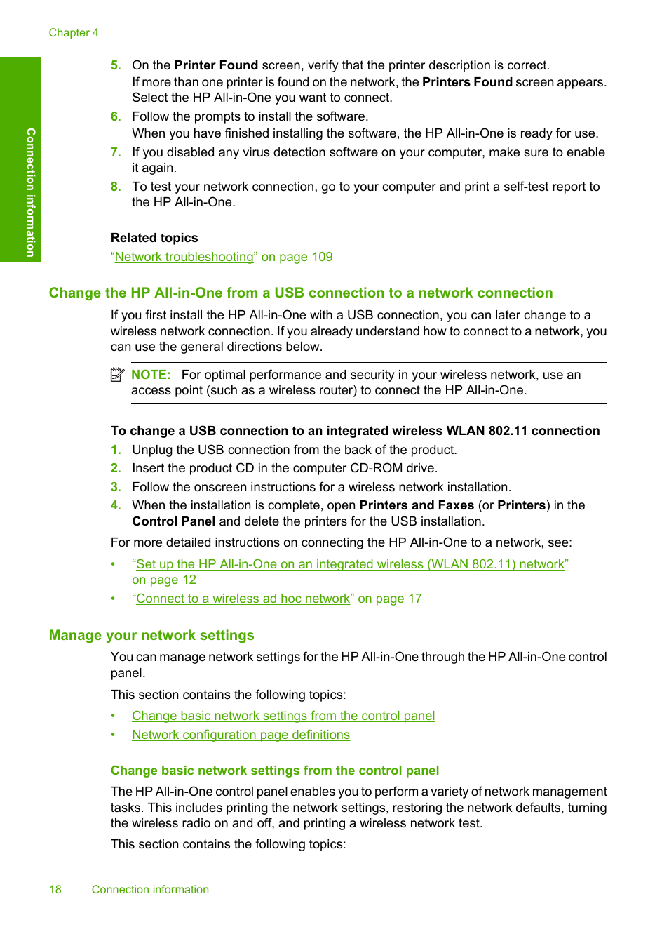 Manage your network settings | HP Photosmart C4580 All-in-One Printer User Manual | Page 21 / 261