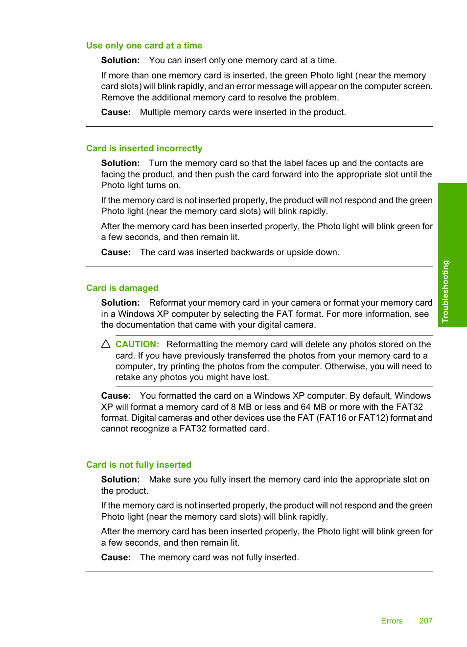 Use only one card at a time, Card is inserted incorrectly, Card is damaged | Card is not fully inserted | HP Photosmart C4580 All-in-One Printer User Manual | Page 210 / 261