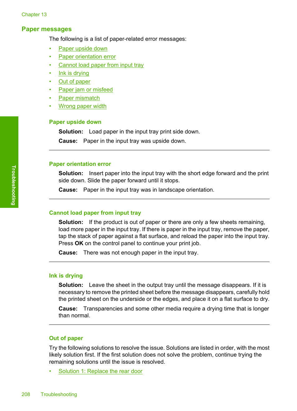 Paper messages, Out of paper | HP Photosmart C4580 All-in-One Printer User Manual | Page 211 / 261