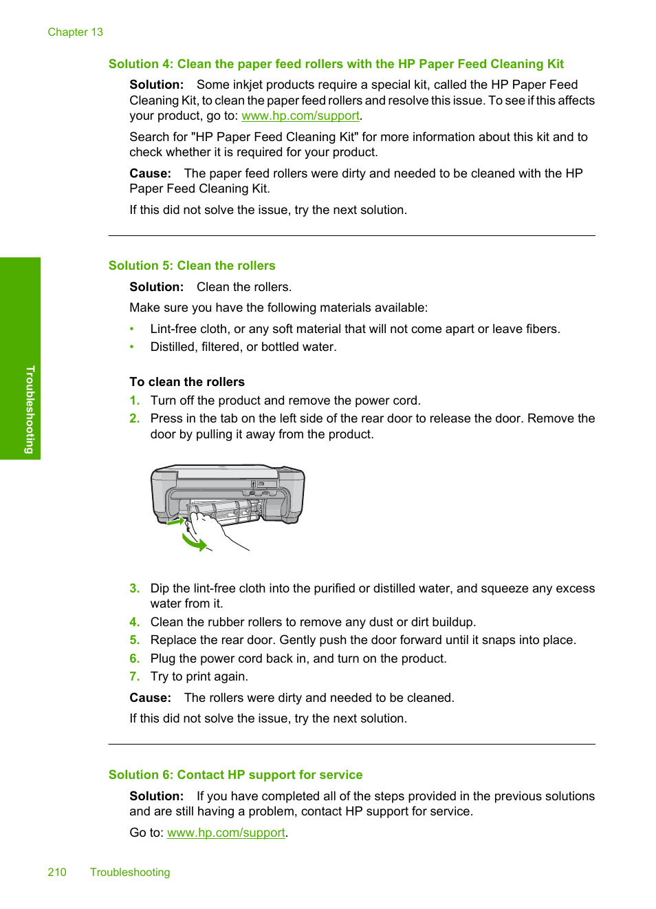 Solution 5: clean the rollers, Solution 6: contact hp support for service | HP Photosmart C4580 All-in-One Printer User Manual | Page 213 / 261