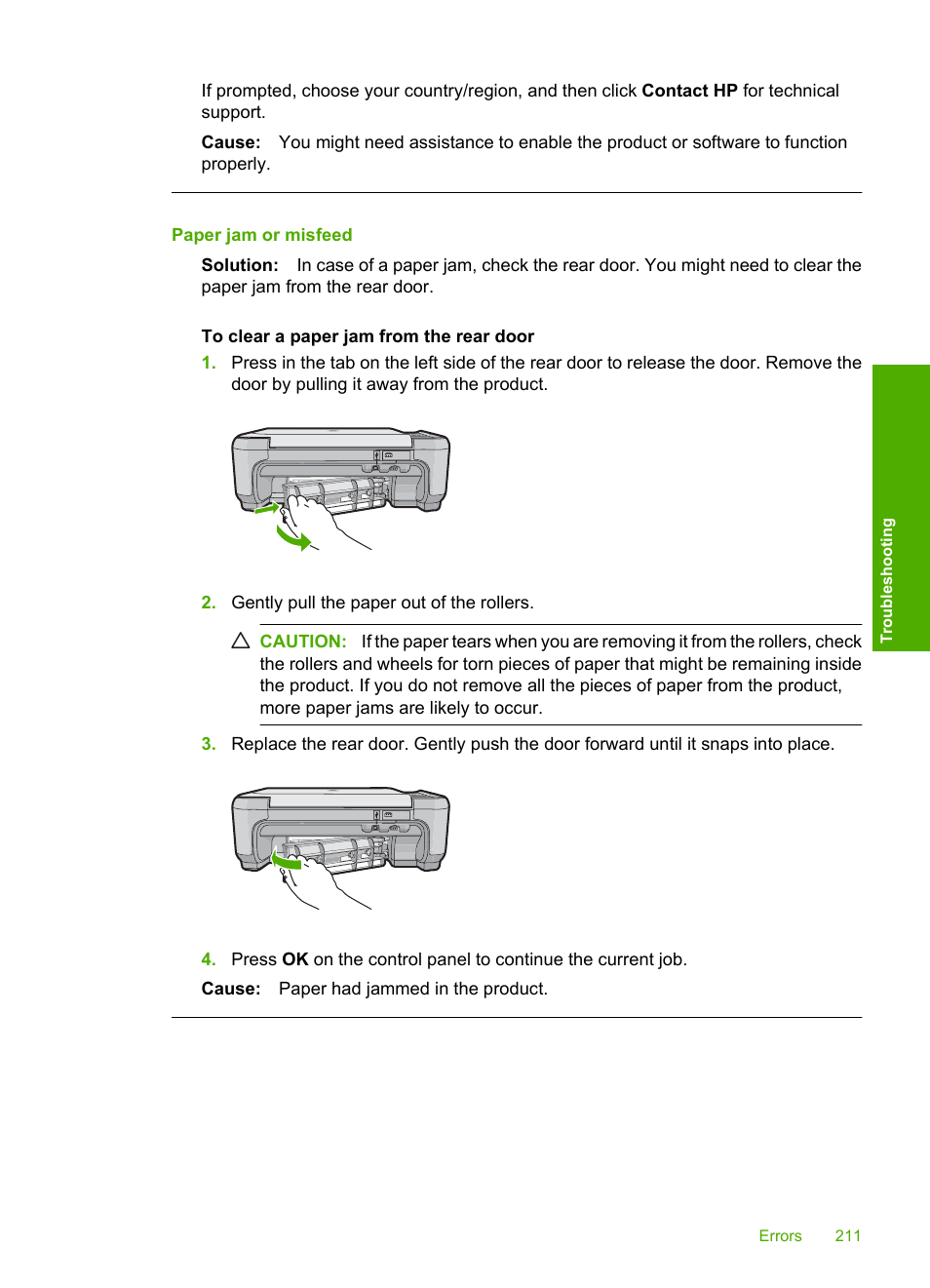 Paper jam or misfeed | HP Photosmart C4580 All-in-One Printer User Manual | Page 214 / 261