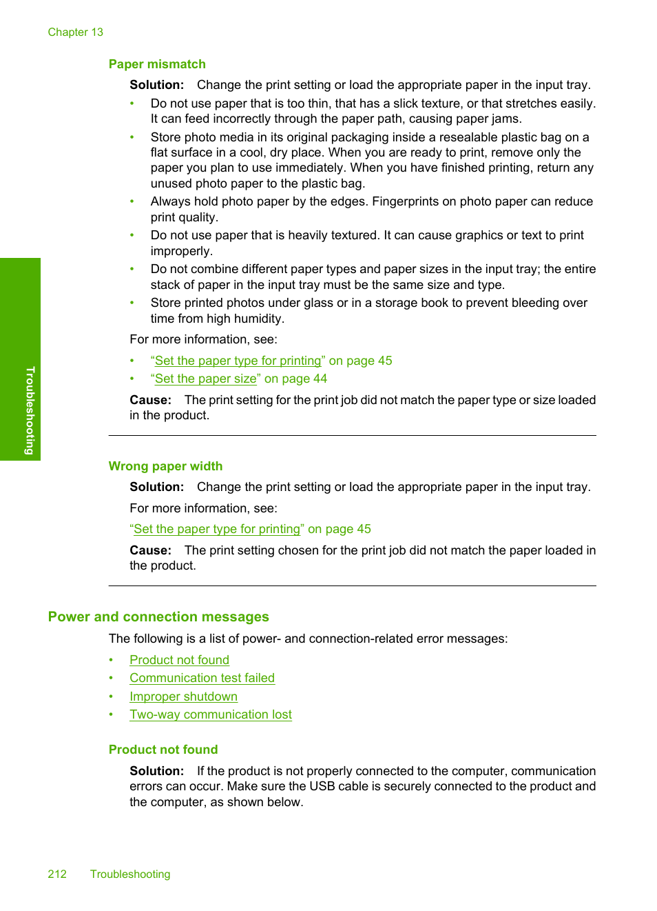 Power and connection messages, Paper mismatch, Wrong paper width | HP Photosmart C4580 All-in-One Printer User Manual | Page 215 / 261