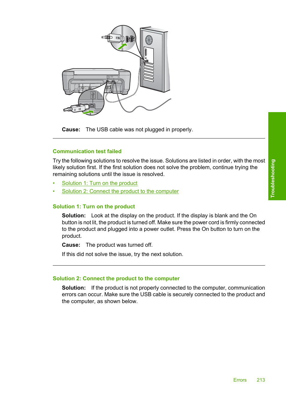 Communication test failed | HP Photosmart C4580 All-in-One Printer User Manual | Page 216 / 261