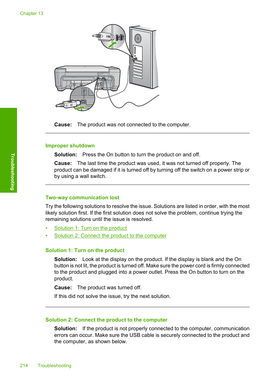 Two-way communication lost, Improper shutdown | HP Photosmart C4580 All-in-One Printer User Manual | Page 217 / 261