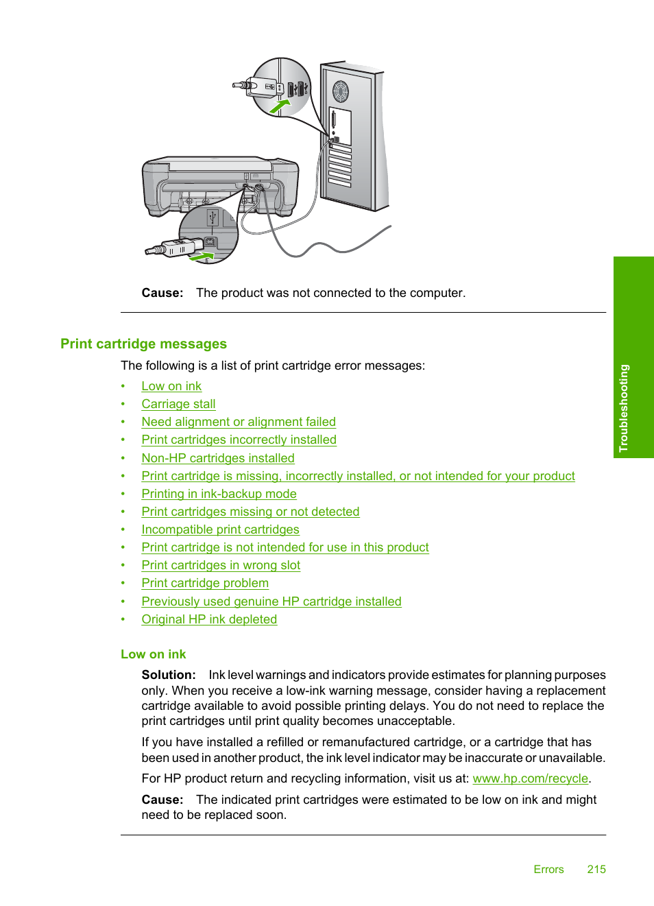 Print cartridge messages, Print cartridge | HP Photosmart C4580 All-in-One Printer User Manual | Page 218 / 261