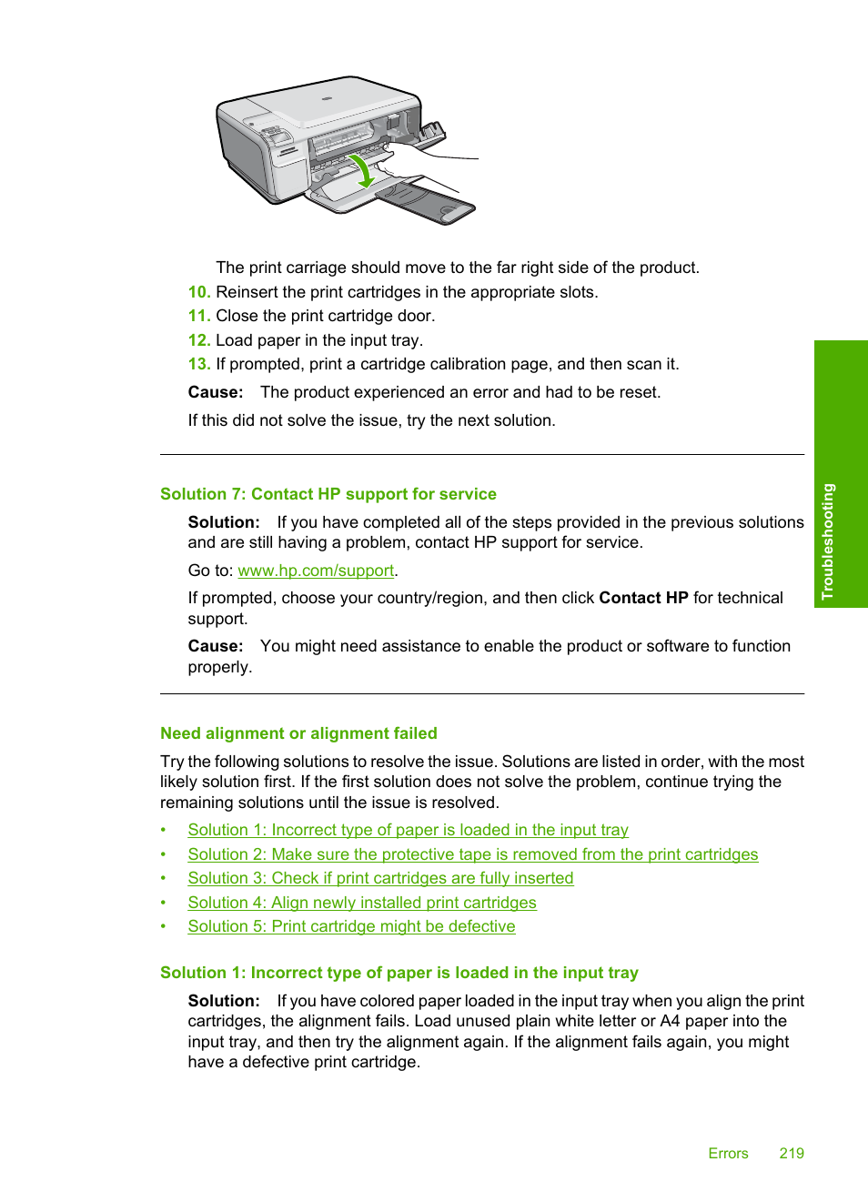 Need alignment or alignment failed, Solution 7: contact hp support for service | HP Photosmart C4580 All-in-One Printer User Manual | Page 222 / 261