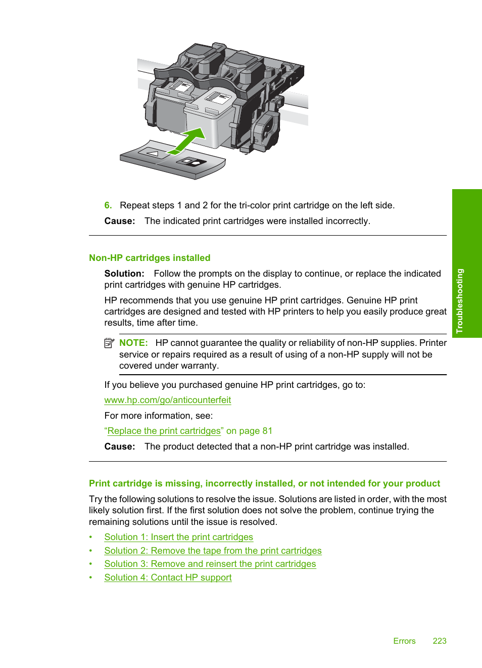 Non-hp cartridges installed | HP Photosmart C4580 All-in-One Printer User Manual | Page 226 / 261
