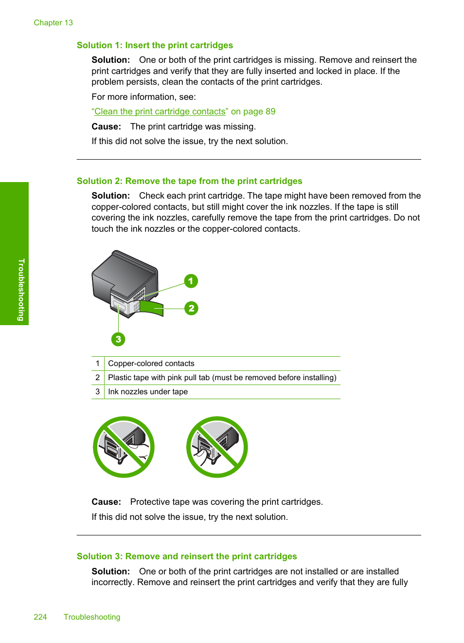 Solution 1: insert the print cartridges | HP Photosmart C4580 All-in-One Printer User Manual | Page 227 / 261