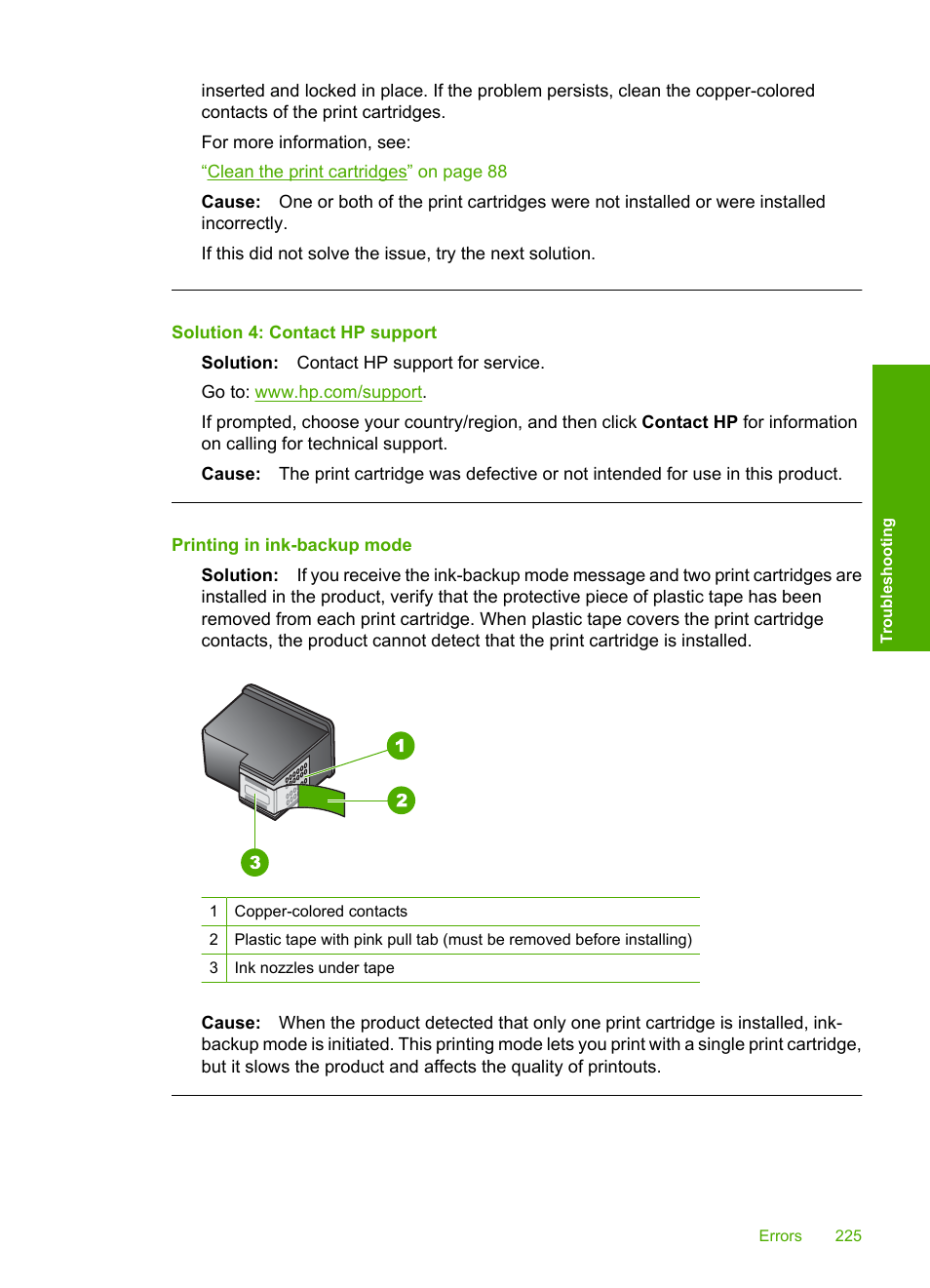 Printing in ink-backup mode, Solution 4: contact hp support | HP Photosmart C4580 All-in-One Printer User Manual | Page 228 / 261