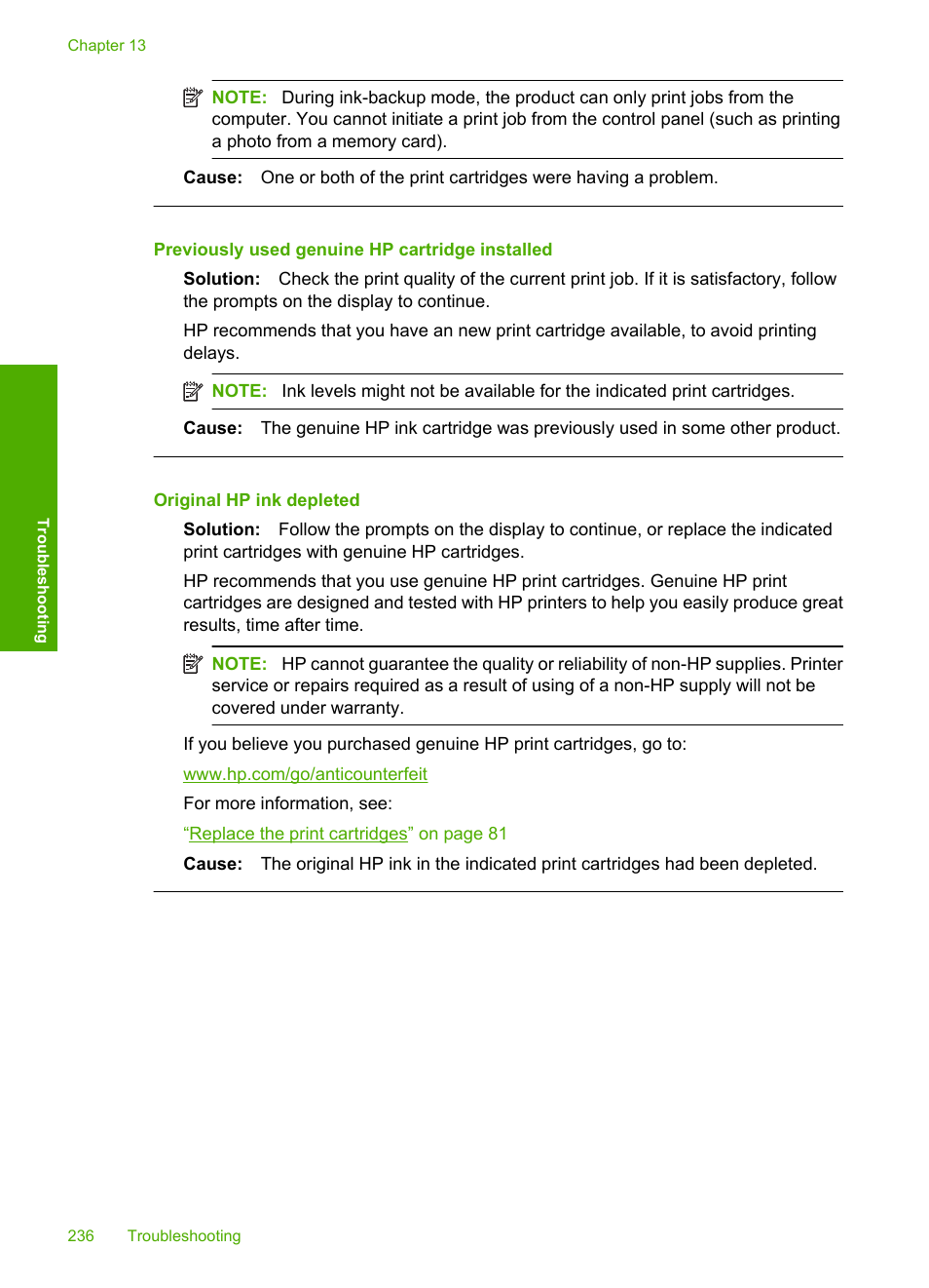 Previously used genuine hp cartridge installed, Original hp ink depleted | HP Photosmart C4580 All-in-One Printer User Manual | Page 239 / 261