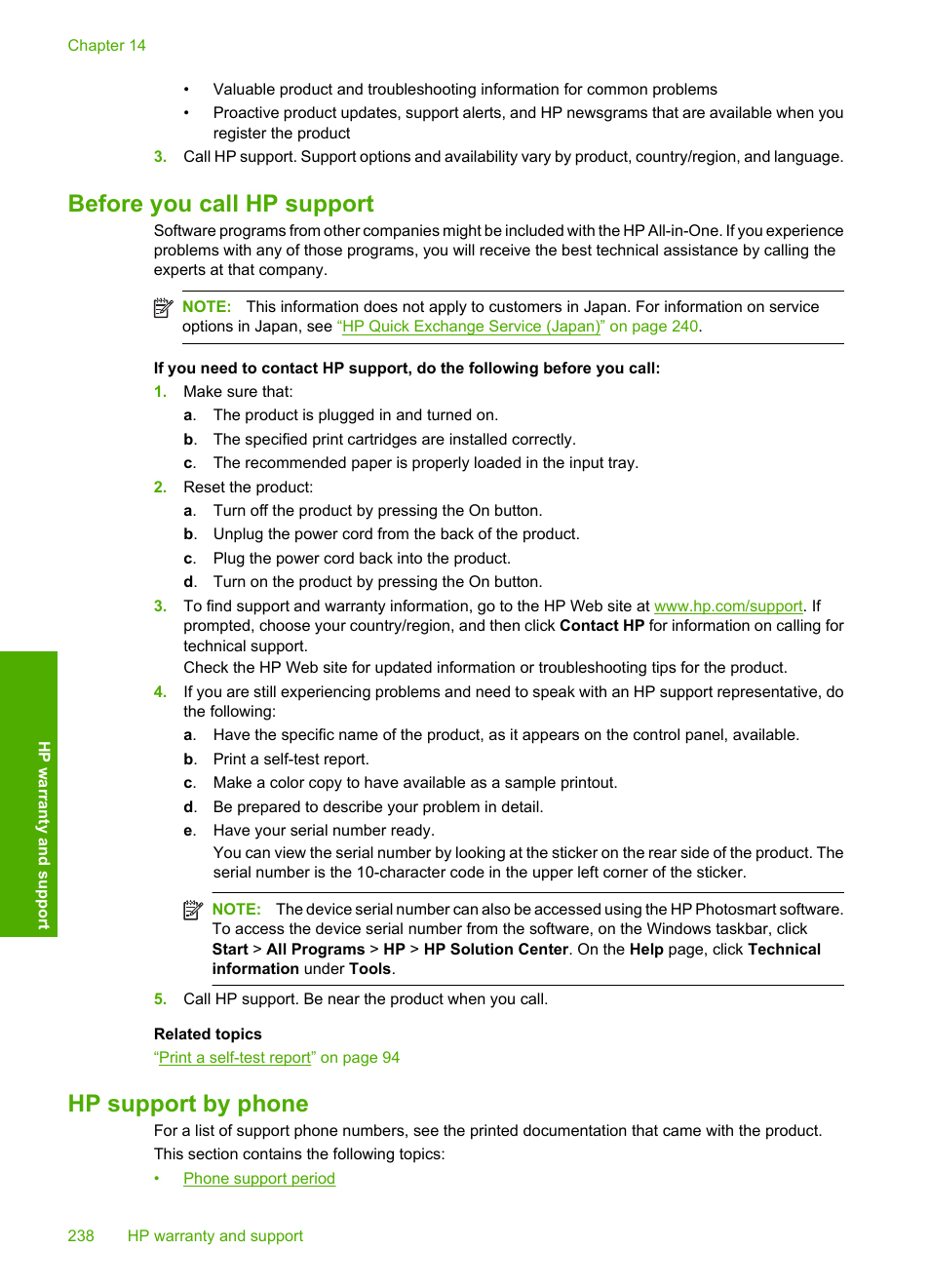 Before you call hp support, Hp support by phone, Before you call hp support hp support by phone | HP Photosmart C4580 All-in-One Printer User Manual | Page 241 / 261