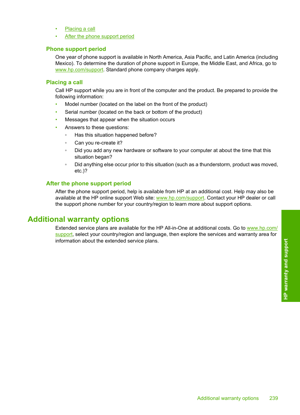 Phone support period, Placing a call, After the phone support period | Additional warranty options | HP Photosmart C4580 All-in-One Printer User Manual | Page 242 / 261