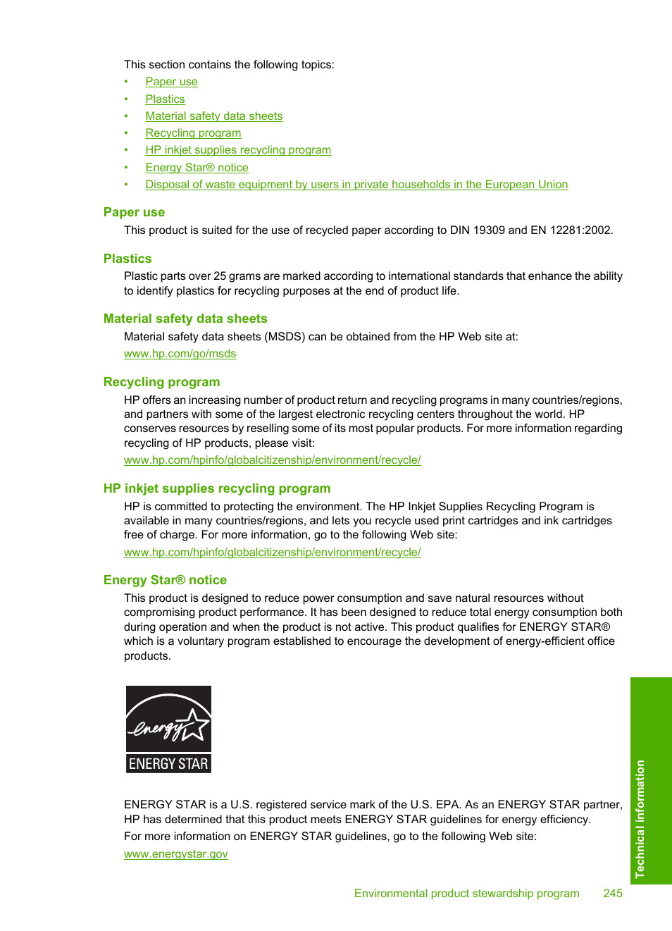 Paper use, Plastics, Material safety data sheets | Recycling program, Hp inkjet supplies recycling program, Energy star® notice | HP Photosmart C4580 All-in-One Printer User Manual | Page 248 / 261