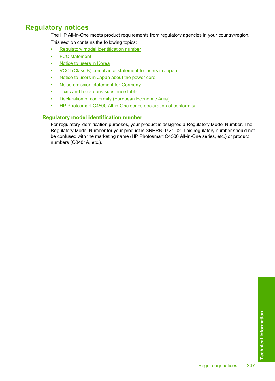 Regulatory notices, Regulatory model identification number | HP Photosmart C4580 All-in-One Printer User Manual | Page 250 / 261