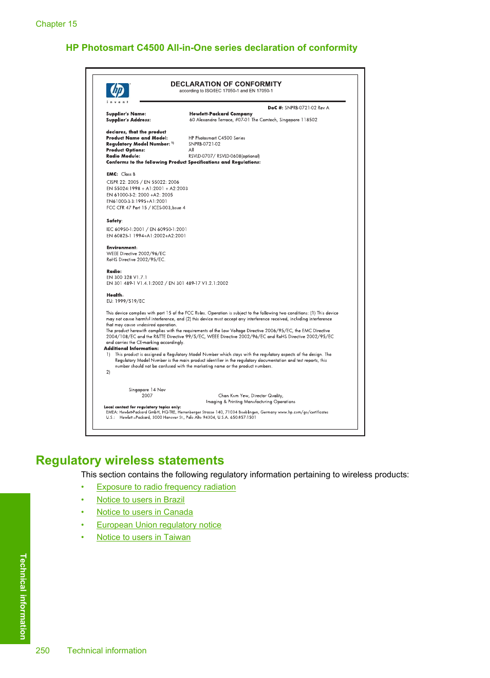 Regulatory wireless statements | HP Photosmart C4580 All-in-One Printer User Manual | Page 253 / 261