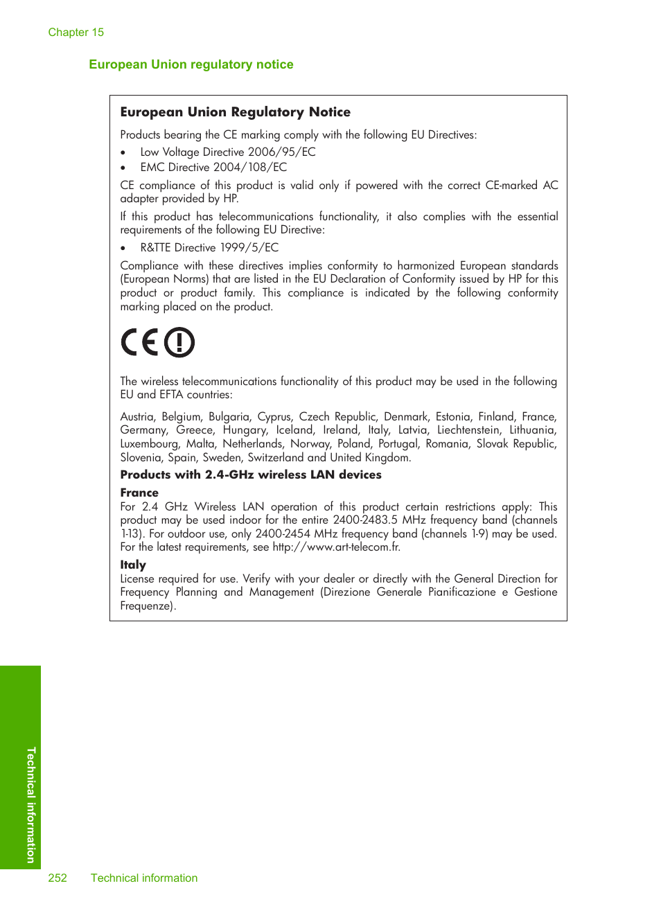 European union regulatory notice | HP Photosmart C4580 All-in-One Printer User Manual | Page 255 / 261