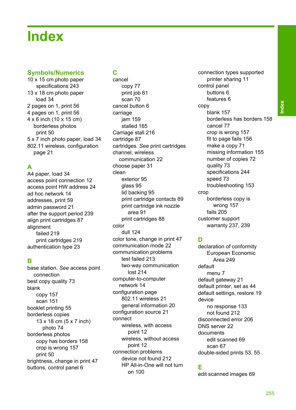 Index | HP Photosmart C4580 All-in-One Printer User Manual | Page 258 / 261