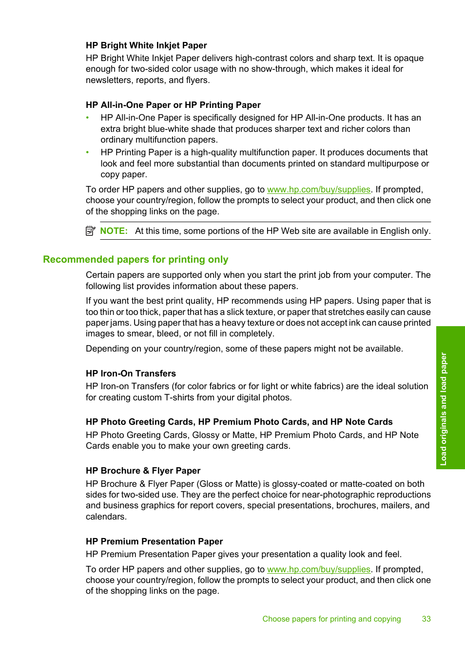 Recommended papers for printing only | HP Photosmart C4580 All-in-One Printer User Manual | Page 36 / 261