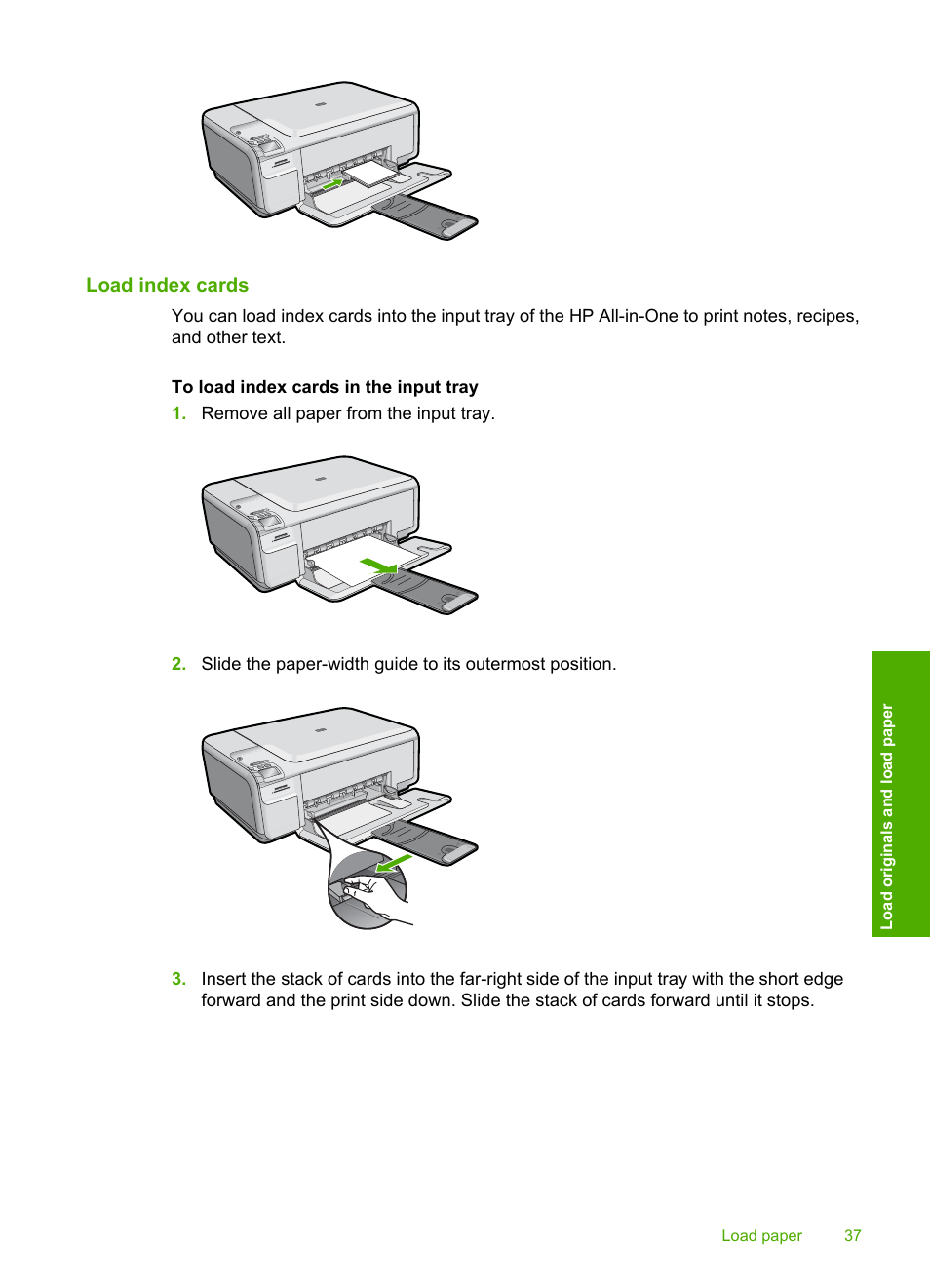 Load index cards | HP Photosmart C4580 All-in-One Printer User Manual | Page 40 / 261