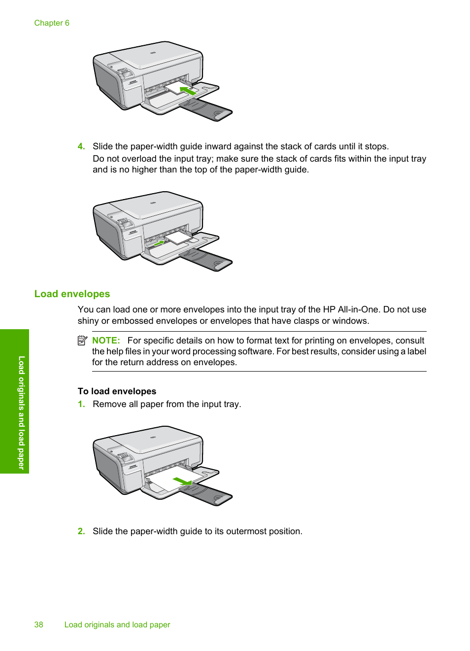 Load envelopes | HP Photosmart C4580 All-in-One Printer User Manual | Page 41 / 261