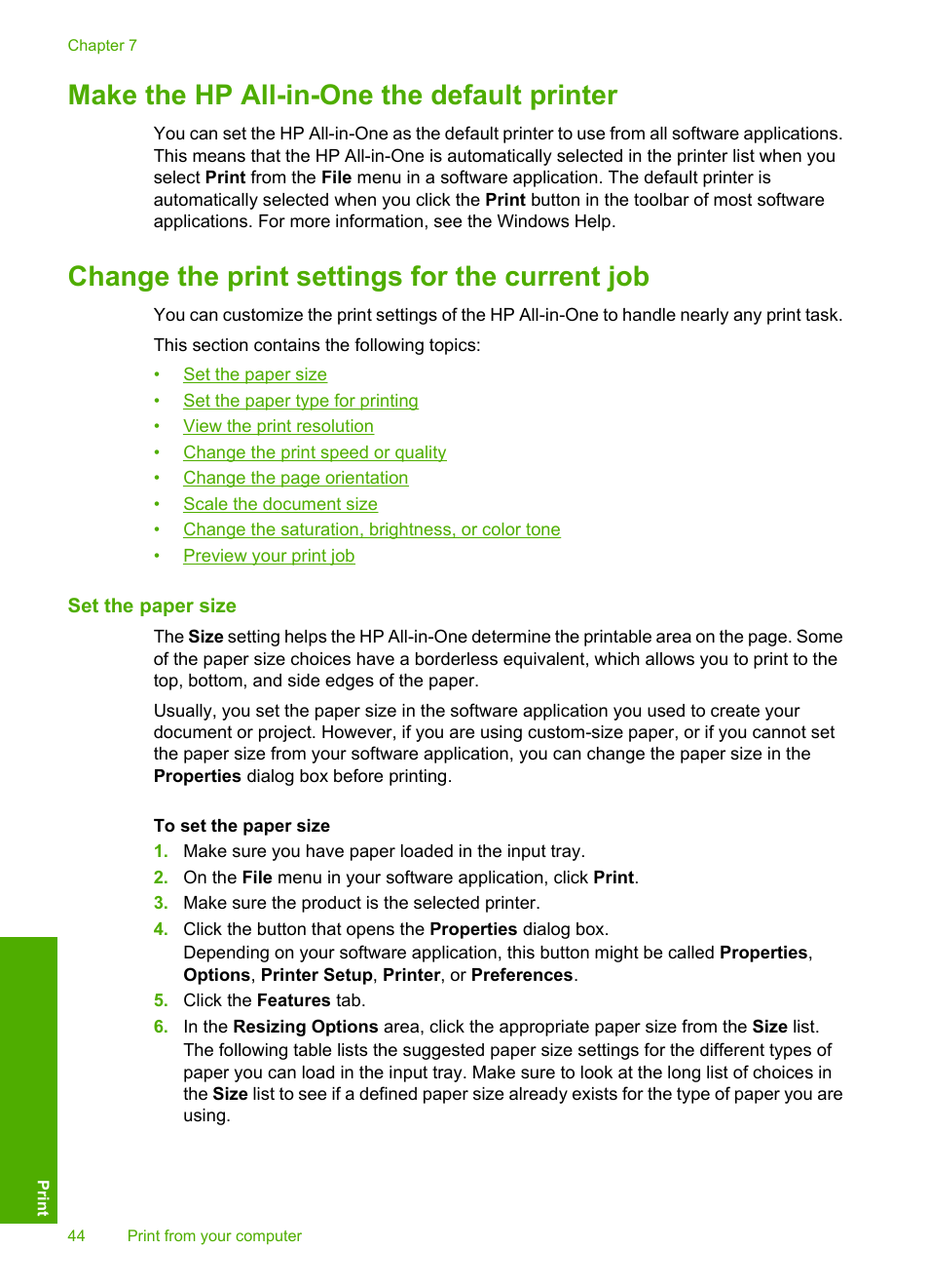 Make the hp all-in-one the default printer, Change the print settings for the current job, Set the paper size | HP Photosmart C4580 All-in-One Printer User Manual | Page 47 / 261