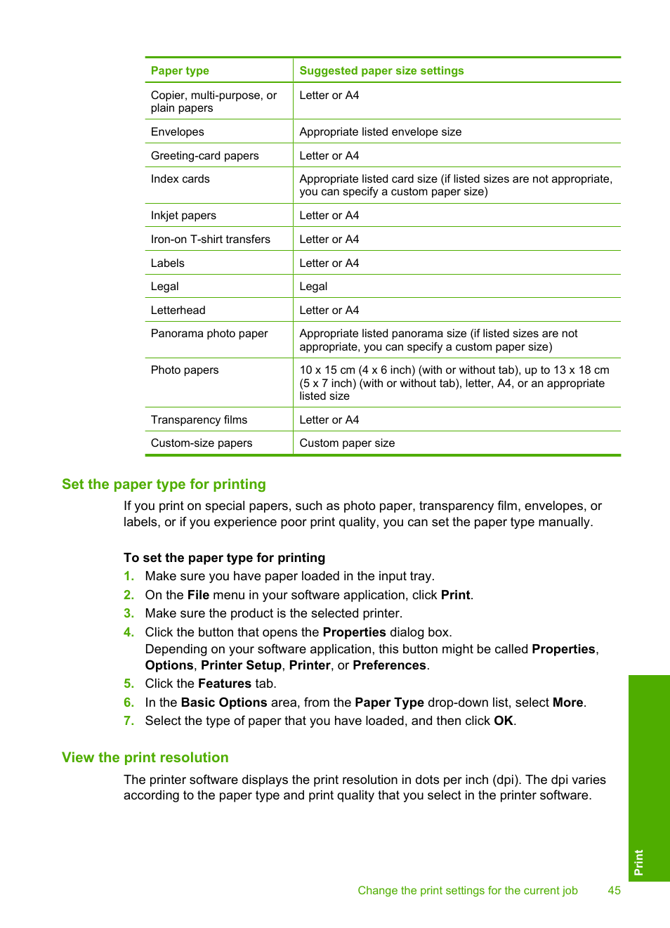 Set the paper type for printing, View the print resolution | HP Photosmart C4580 All-in-One Printer User Manual | Page 48 / 261