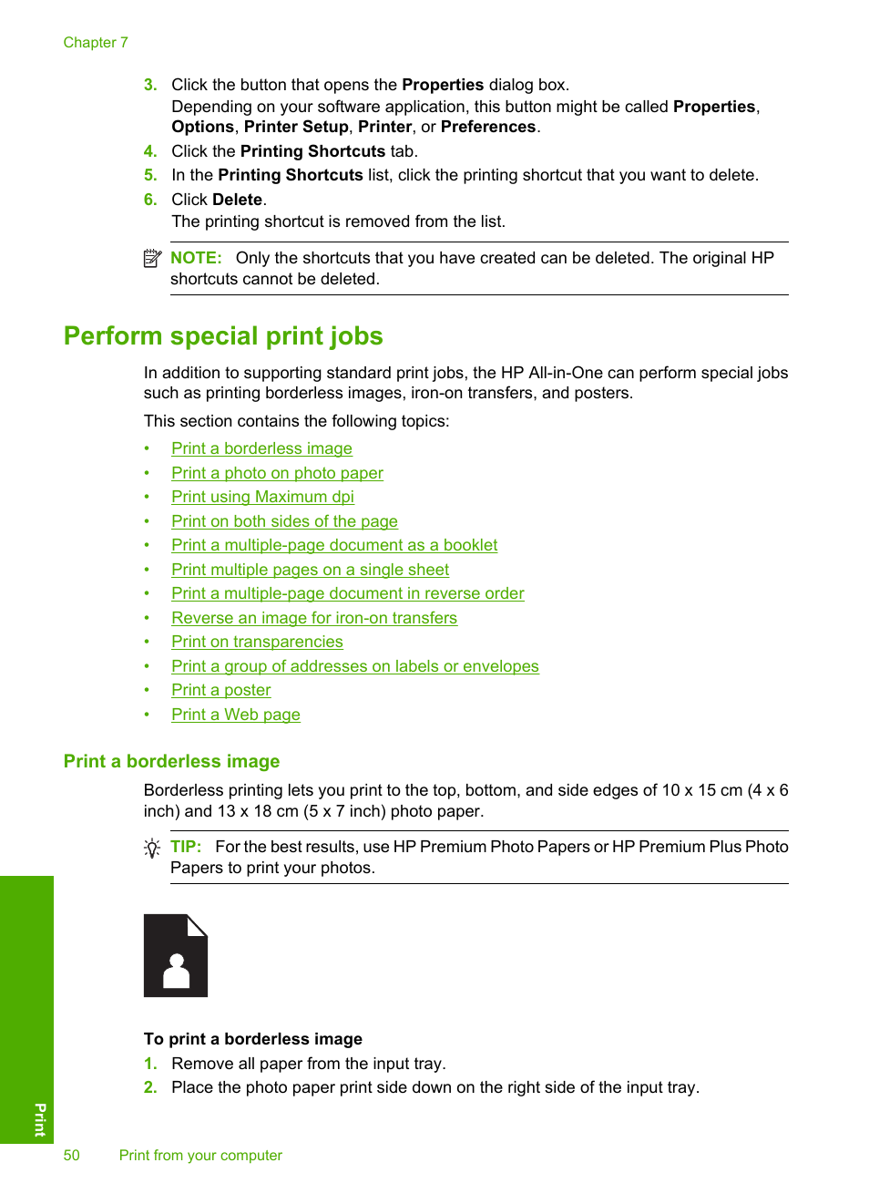 Perform special print jobs, Print a borderless image | HP Photosmart C4580 All-in-One Printer User Manual | Page 53 / 261