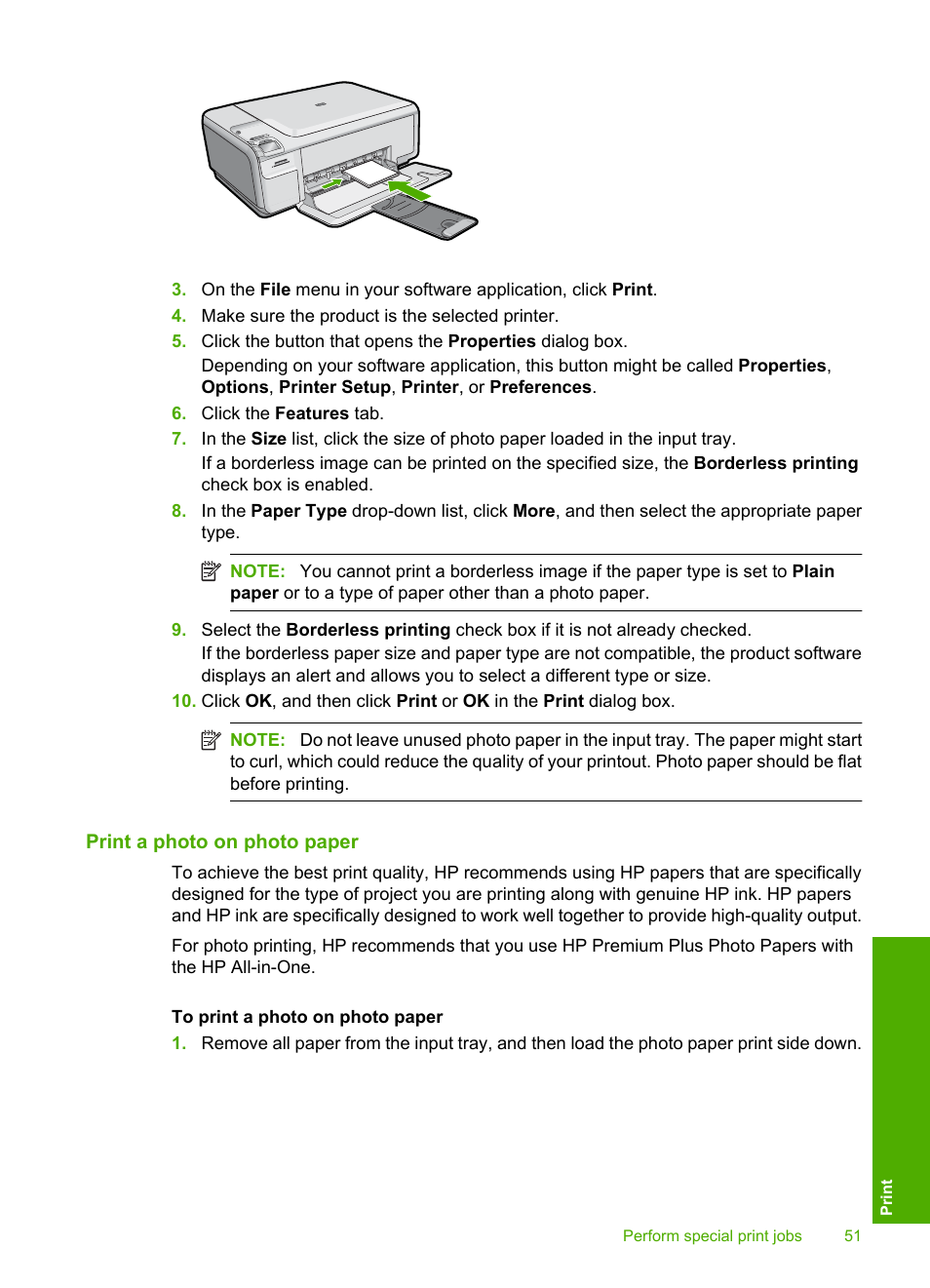 Print a photo on photo paper | HP Photosmart C4580 All-in-One Printer User Manual | Page 54 / 261